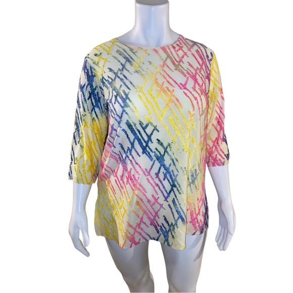 Creation Blouse 1X/2X Colorful Textured 3/4 Sleeve Cream Crew Neck Button Detail - Picture 4 of 16